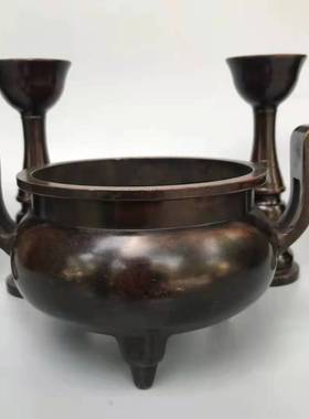 复古纯铜五供香炉烛台佛前供奉室内铜香炉祖先桌面供奉摆件