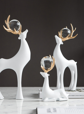 三口之家铜鹿摆件水晶球酒柜装饰品美式客厅玄关电视柜新居礼品