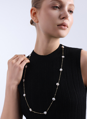 TRK珠宝满天星淡水极光巴洛克珍珠长项链女银镀18K金轻奢毛衣链女