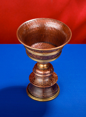 尼泊尔酥油灯座供佛灯底座纯铜手工酥油灯座家用供具大号14.3cm