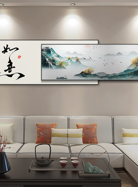 新中式客厅沙发背景墙装饰画山水风景叠加挂画茶室办公室禅意壁画