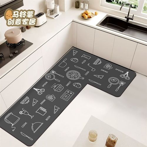 L型厨房地垫简约灰系软硅藻泥吸水防滑可擦免洗地毯耐脏家用脚垫 - 图0