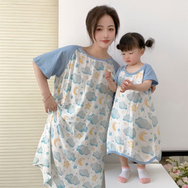 儿童睡袋亲子装家居服竹棉双层睡衣夏季轻薄款短袖连体衣妈妈睡裙,淘宝优惠券,粉丝福利购,淘宝优惠卷