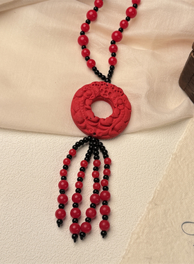 新中式复古红朱砂百搭女款毛衣链