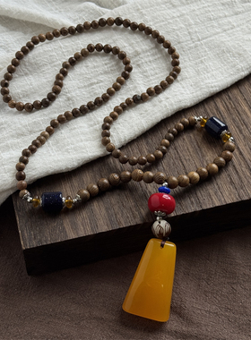藏式民族风天珠蜜蜡吊坠木珠项链