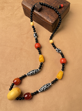 藏式复古长款民族风密蜡天珠项链