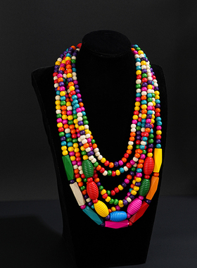 欧美夸张民族风长款木质多层项链