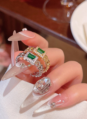法式复古微镶锆石祖母绿戒指女跨境热销爆款个性指环轻奢手饰