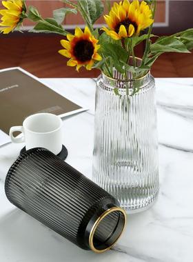 新款直销轻奢复古竖条纹玻璃 描金插花花器客厅台面装饰摆设花瓶