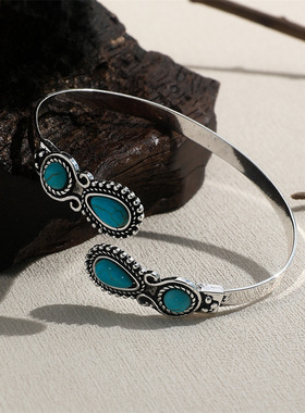 欧美跨境民族风个性复古合金松石开口手镯女波西米亚手镯饰品