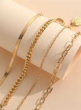 欧美跨境饰品 嘻哈潮流蛇骨链条手饰套装 复古金属ot扣吊牌手链女