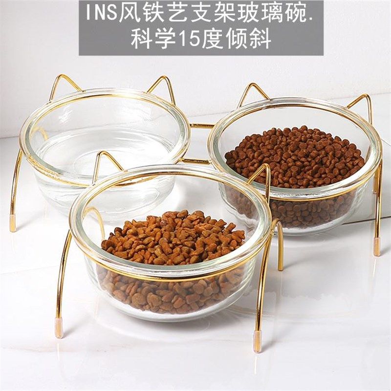 猫碗玻璃高脚猫咪碗斜口护颈椎喝水猫粮食盆透明狗宠物易清洗双碗,淘宝优惠券,粉丝福利购,淘宝优惠卷