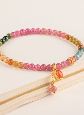 S925银天然彩虹碧玺水晶手链女士款轻奢小众设计感礼物手串红玛瑙