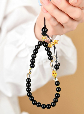 天然黑曜石白水晶手机链吊坠新中式复古原创景区热销挂件饰男女款