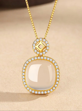 925纯银小方糖钱币玉髓项链女复古新中式国风吊坠几何圆形锁骨链