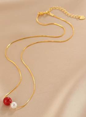 925纯银南红贝珠项链18K色新中式几何串珠锁骨链夏季简约网红吊坠