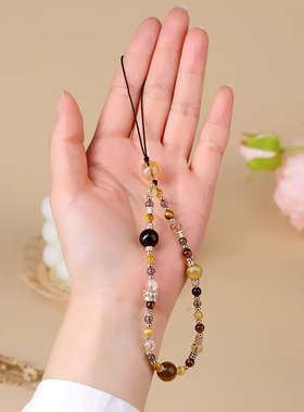 天然水晶黄塔晶虎眼石黑曜石金霸手机链挂发彩原创挂饰吊坠女款