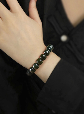 正品天然和田玉墨玉桶珠玉石手串珠子手链时尚简约男女款手饰单圈
