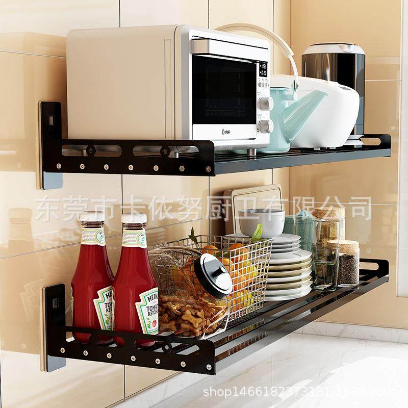 直销新款不锈钢免打孔厨房用品微波炉收纳置物架黑色壁挂式墙上烤,淘宝优惠券,粉丝福利购,淘宝优惠卷