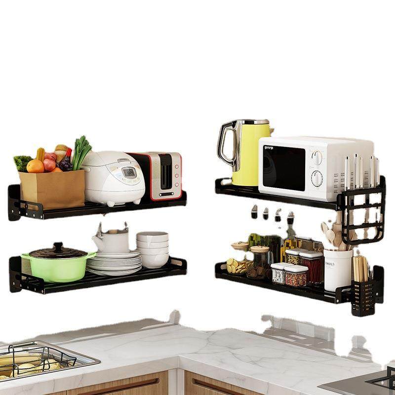 直销新款不锈钢免打孔厨房用品微波炉收纳置物架黑色壁挂式墙上烤,淘宝优惠券,粉丝福利购,淘宝优惠卷