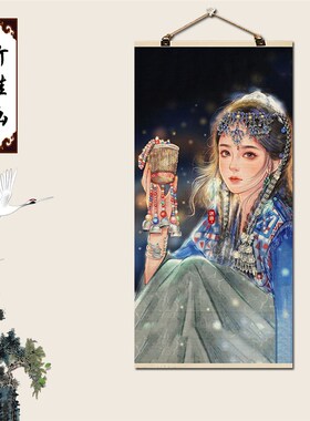 古代美女画仕女图人物中式竹帘片卷轴挂画客厅餐厅玄关装饰墙壁画