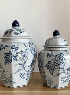 青花瓷手绘缠枝花纹八角将军罐景德镇陶瓷摆件仿古官窑装饰储物罐