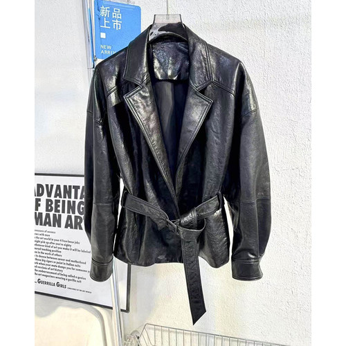 高档绵羊皮油蜡皮真皮皮衣新款系腰带短款风衣皮外套B1340 - 图0