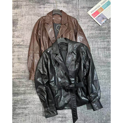 高档绵羊皮油蜡皮真皮皮衣新款系腰带短款风衣皮外套B1340 - 图2