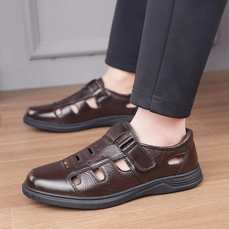 休闲皮鞋男潮新款洞洞真皮凉鞋镂空青年工作鞋软底透气百搭爸爸鞋,淘宝优惠券,粉丝福利购,淘宝优惠卷