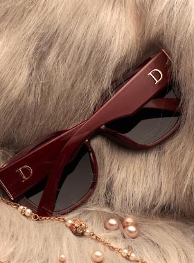 新款防晒覆古猫眼太阳眼镜女高级感宽腿网红偏光太阳镜潮抗UV红色