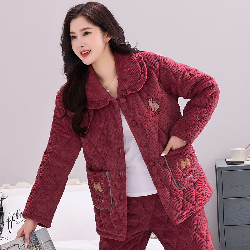 中青年新款珊瑚绒夹棉睡衣女士秋冬季加厚加绒三层夹棉家居服套装,淘宝优惠券,粉丝福利购,淘宝优惠卷