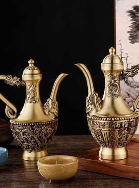 直销新款纯黄铜精雕百福高酒壶餐厅铜器摆件做旧龙凤长嘴手把壶复