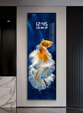 孔雀鱼玄关装饰画电子屏钟表客厅过道走廊挂画竖版锦鲤时钟壁灯画