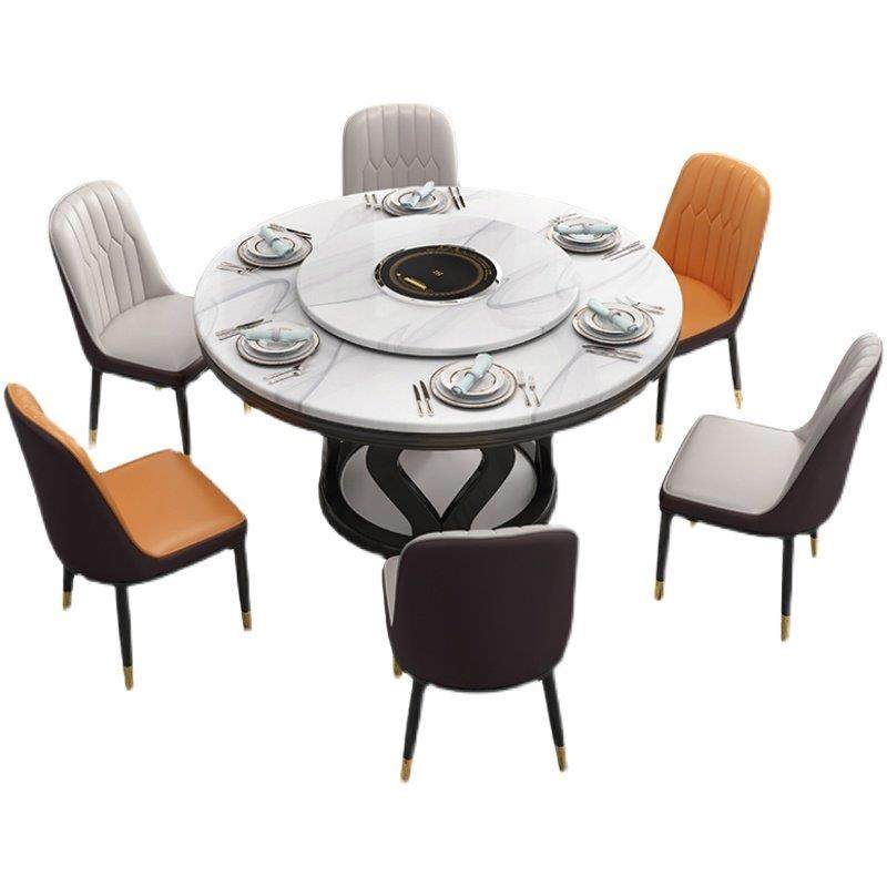 轻奢简约大理石圆桌实木餐桌带转盘家用饭桌圆形电磁炉餐桌椅组合,淘宝优惠券,粉丝福利购,淘宝优惠卷