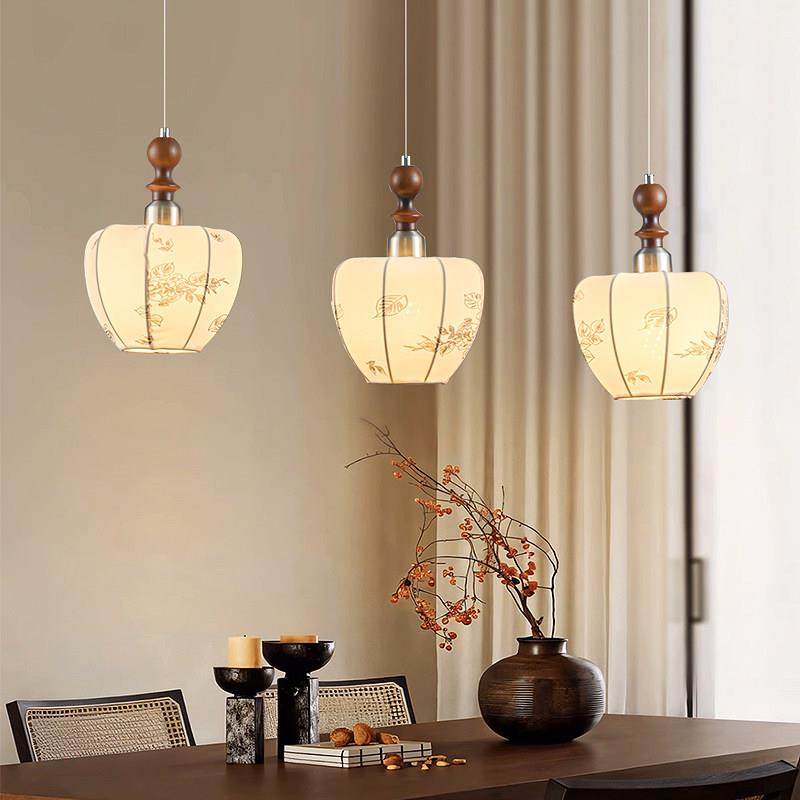 中古风饭厅吊灯布艺印花法式覆古灯胡桃木色南洋宋代美学吧台灯具,淘宝优惠券,粉丝福利购,淘宝优惠卷