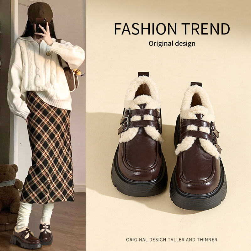 依思q加绒乐福鞋女款2025冬季新款鞋子女厚底小皮鞋毛毛保暖棉鞋,淘宝优惠券,粉丝福利购,淘宝优惠卷