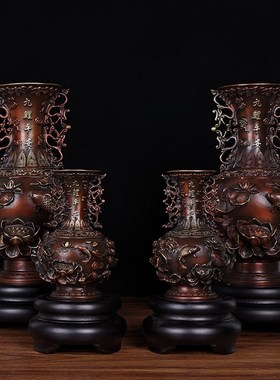 速发纯铜花瓶摆件一对家居客厅干花中式家居装饰品乔迁新居送礼品