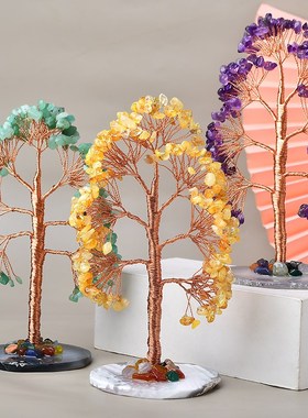 水晶树摆件天然粉水晶原石招桃花送礼物白紫黄水晶招财树桌面饰品