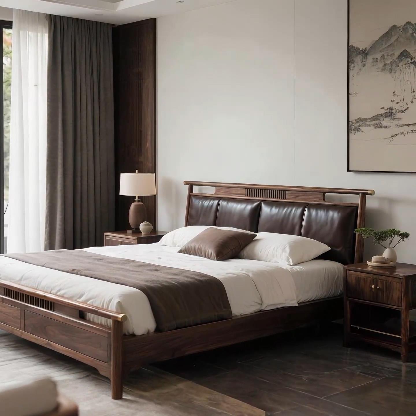 新中式北美黑胡桃木床实木床宋氏美学卧室双人床婚床真皮高级定制 - 图1