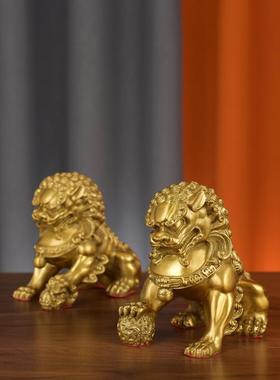 纯铜狮子摆件店铺家居门口一对小大号北京宫门狮黄铜装饰工艺品