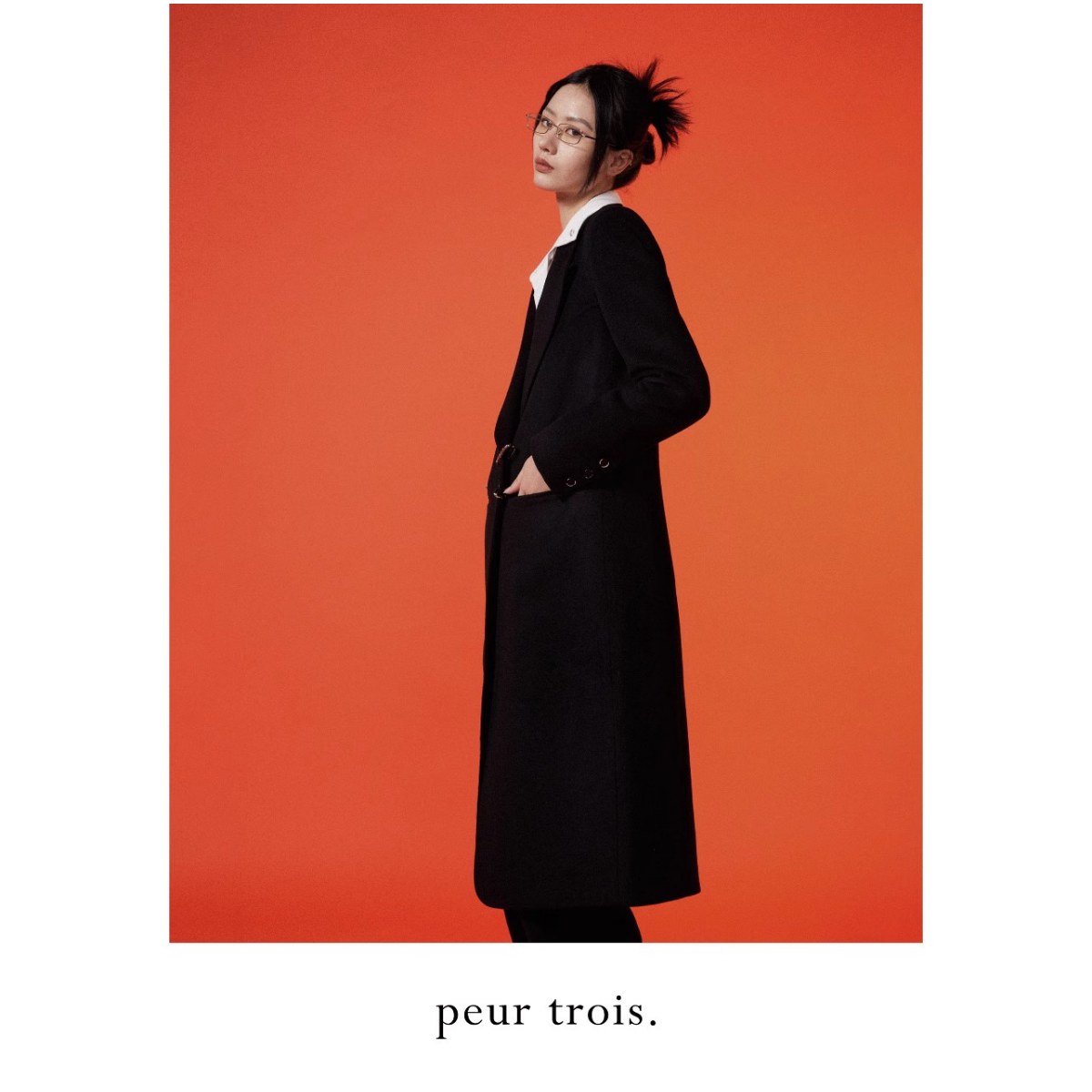 peur长款秋冬羊绒大衣黑色显瘦修身原创显高翻领羊绒外套 - 图1