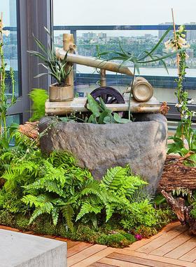 庭院装饰竹管水流装置石槽鱼缸风水轮车财富摆件喷泉加湿加氧循环