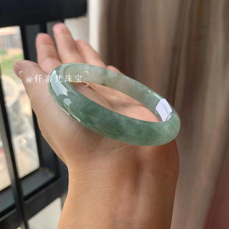 仟喜梵“梵月清梦”缅甸冰透种翡翠玉手镯子女款油青飘花玉石处理