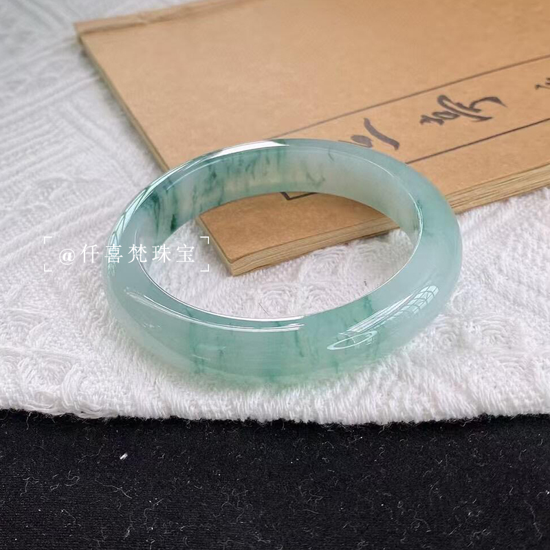 仟喜梵“南枝独绝”缅甸冰透种翡翠玉手镯子女款冰飘花真玉镯处理