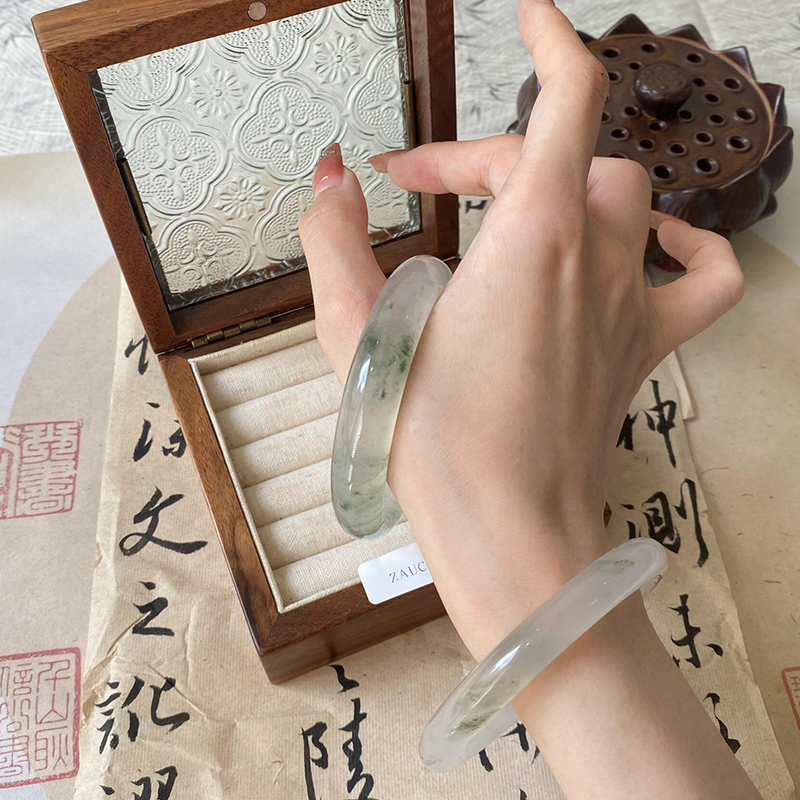 仟喜梵"阳春白雪"翡翠平替金丝天山翠玉手镯子女款冰透种飘花正品