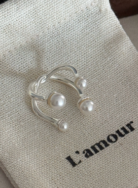 L'amour韩系s925银珍珠交叉四爪开口戒指ins轻奢小众设计感高级感