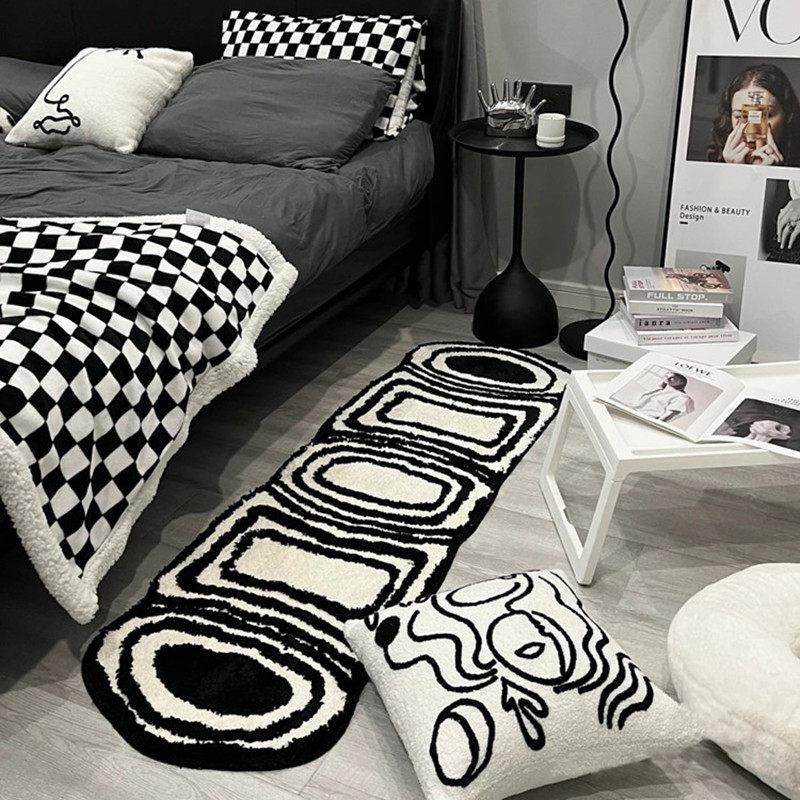 黑白风小地毯卧室加厚毛绒床边毯高级感主卧床前床下ins风地垫,淘宝优惠券,粉丝福利购,淘宝优惠卷
