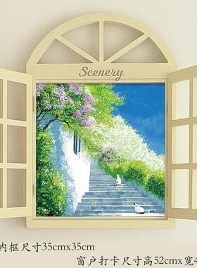 莫奈风景假窗户风景背景墙面装饰布海报店铺打卡网红道具挂画相框