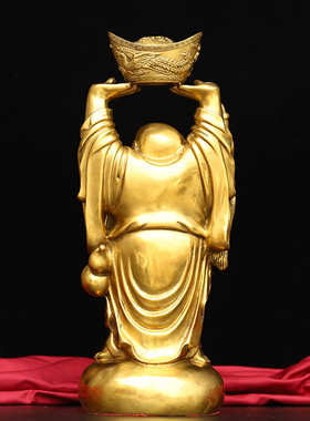 黄铜纯铜弥勒佛手举元宝像摆件大号招财笑佛顶天佛站像弥勒佛