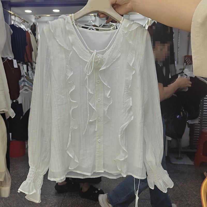 2024秋季新款法式V领荷叶边衬衫女喇叭袖长袖衬衣气质雪纺衫上衣,淘宝优惠券,粉丝福利购,淘宝优惠卷